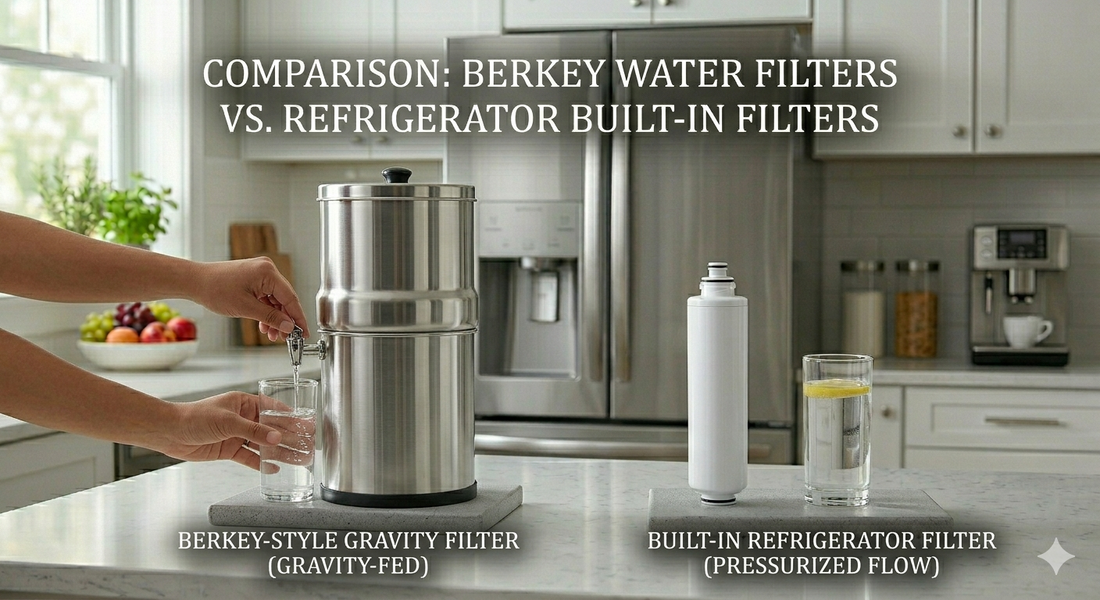A composite image comparing a stainless steel Berkey-style gravity filter and a refrigerator water filter on a kitchen counter.