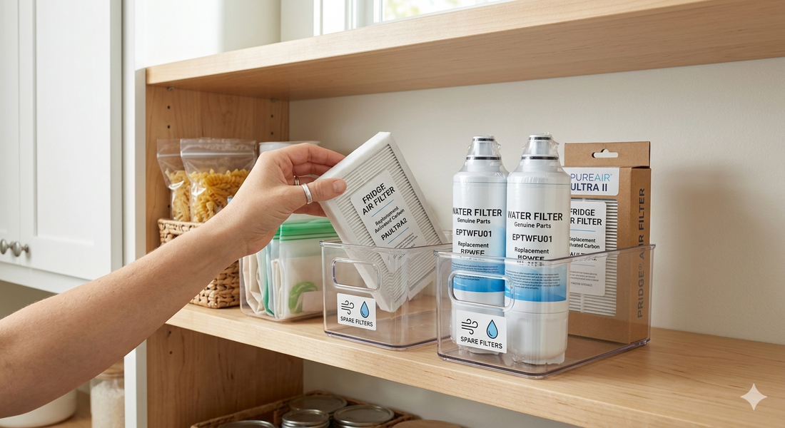 A person’s hand placing a spare refrigerator air filter into a clear organizational bin on a clean wooden pantry shelf next to boxed water filters.