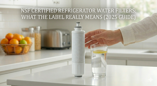 A high-resolution close-up of a water filter showing the NSF certification seal against a soft-focus modern kitchen backdrop.