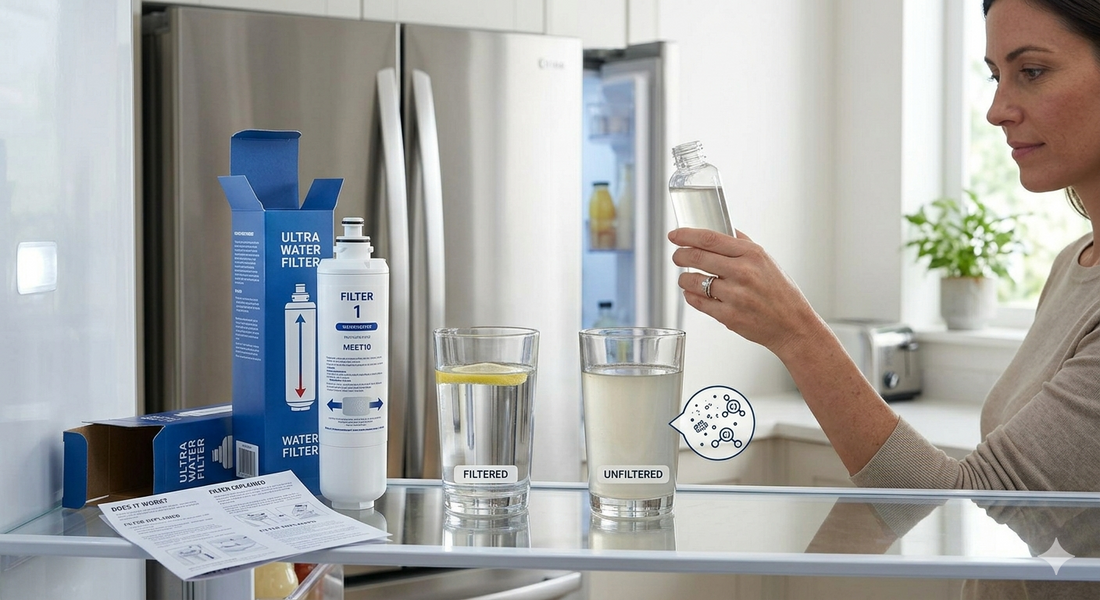 A woman comparing a glass of clear filtered water with a glass of cloudy unfiltered water next to a refrigerator water filter.