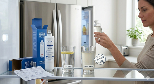 A woman comparing a glass of clear filtered water with a glass of cloudy unfiltered water next to a refrigerator water filter.