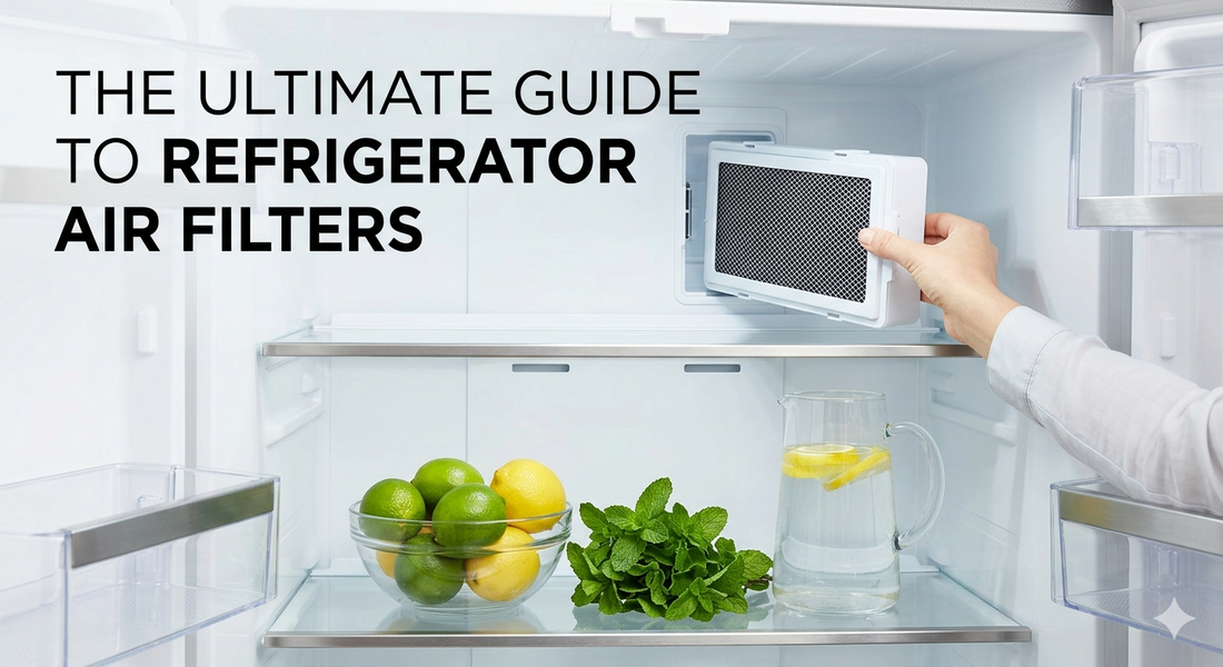 Hand installing a new carbon refrigerator air filter inside a clean fridge filled with fresh produce.