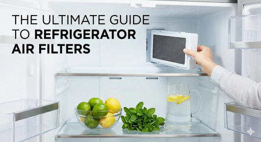Hand installing a new carbon refrigerator air filter inside a clean fridge filled with fresh produce.