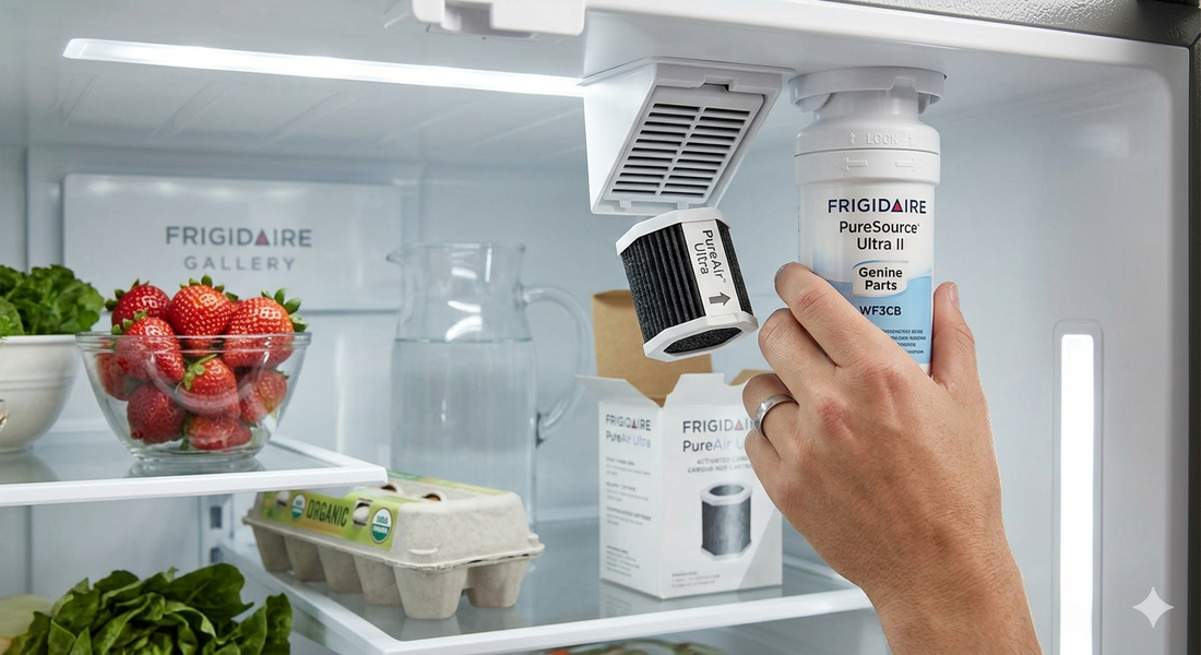 A close-up view inside a Frigidaire Gallery refrigerator showing the water and air filter compartments during replacement.