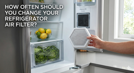 Hand replacing a Frigidaire PureAir refrigerator air filter to maintain fresh air and food quality.