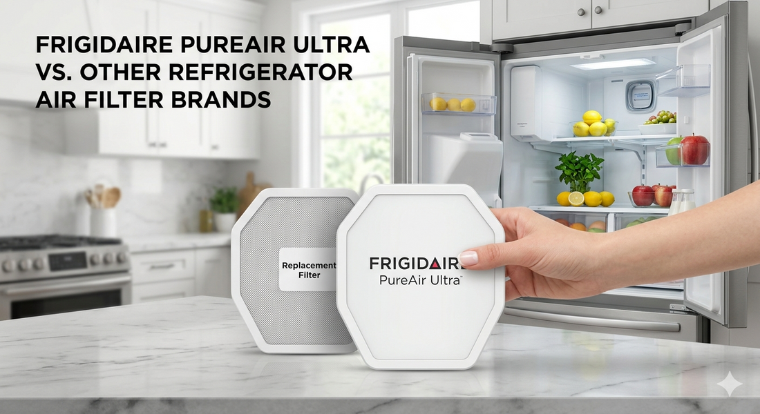 A close-up photograph comparing a Frigidaire PureAir Ultra filter held in a hand next to a generic replacement filter in a modern kitchen.