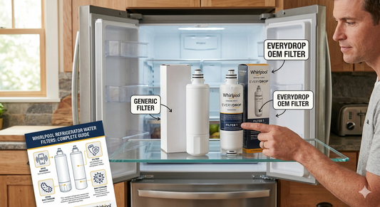 A man in a kitchen points to an EveryDrop filter next to a generic filter and a guide for Whirlpool refrigerator filters.
