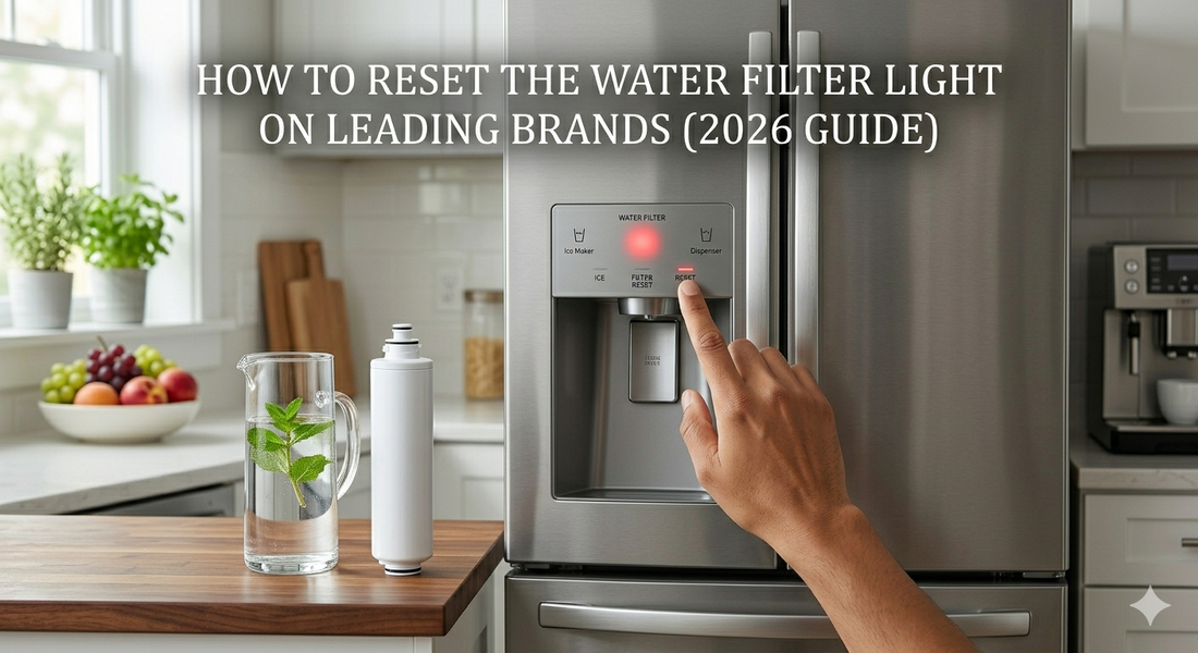 A person's hand pressing the reset button on a stainless steel refrigerator dispenser panel next to a new water filter.