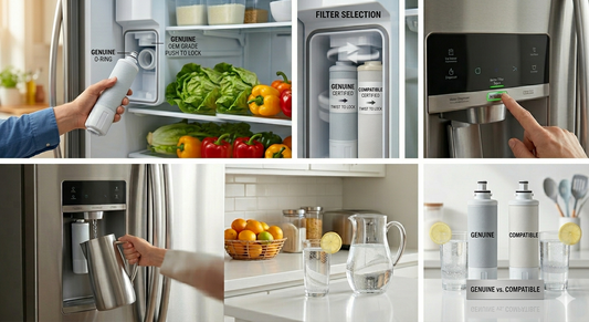 Commercial product photo collage showing the installation and comparison of genuine OEM and compatible third-party water filters for a Sub-Zero refrigerator.