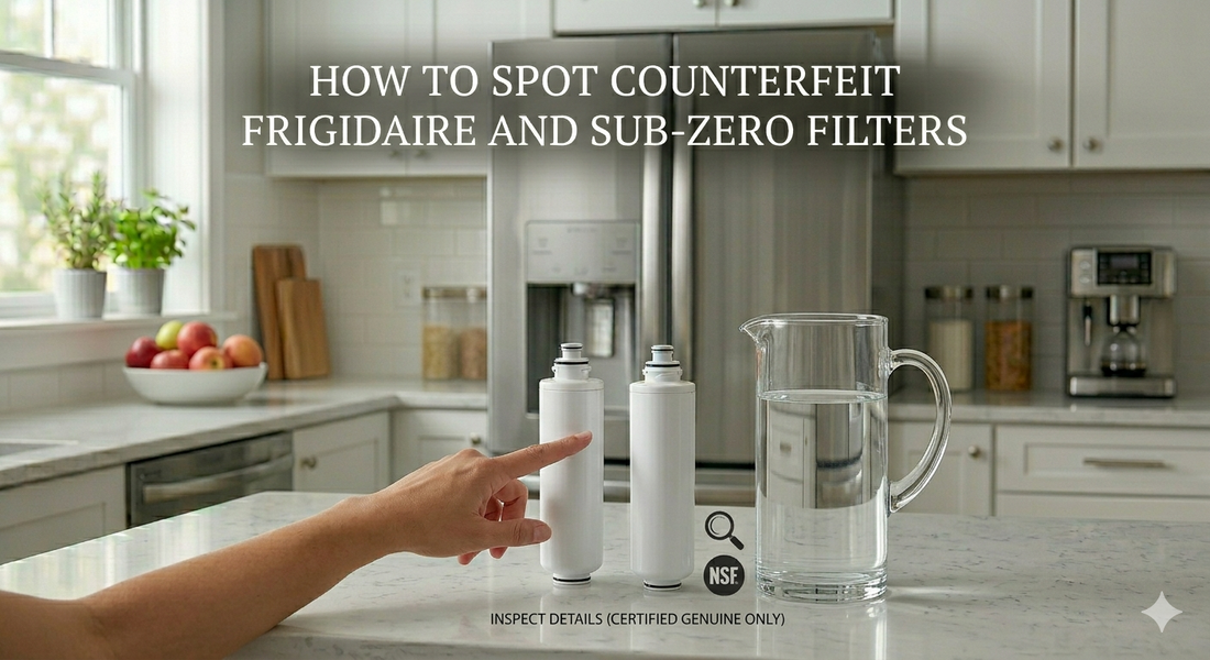 A composite image of multiple generic unbranded water filters on stands, next to a hand pointing at an NSF certification mark in a kitchen setting with the blog title as text.