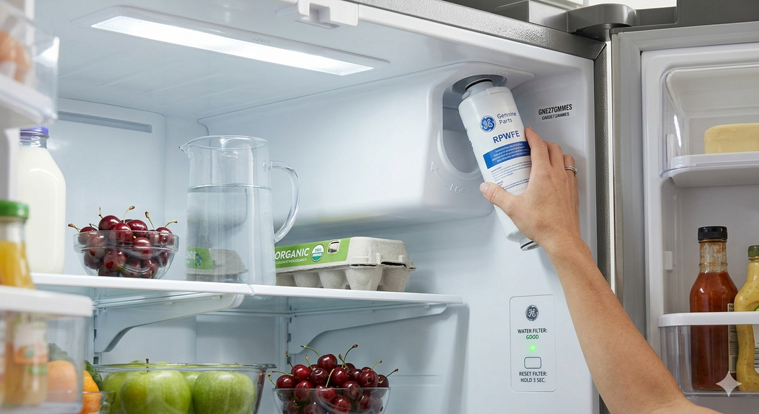 A hand inserting a white GE RPWFE water filter into the interior upper corner housing of a modern stainless steel refrigerator.