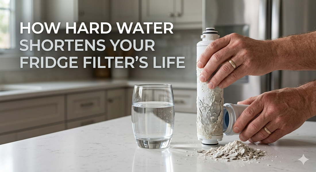 Mineral-encrusted refrigerator water filter showing hard water scale buildup next to a clear glass of water.