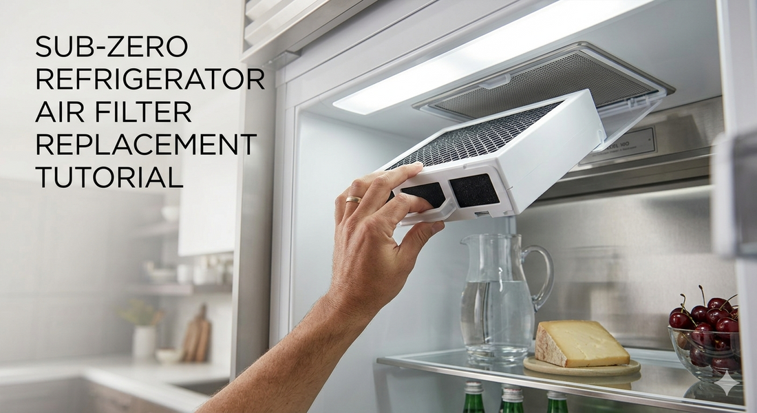 Hand sliding a new air purification cartridge into a Sub-Zero refrigerator's overhead compartment near fresh cheese and cherries.