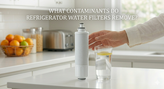 A clean lifestyle photo of a refrigerator water filter and a glass of water on a kitchen counter with the blog title as text.