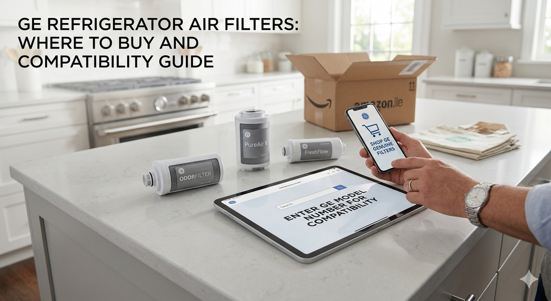 Three different GE refrigerator air filter cartridges arranged on a kitchen counter with a tablet showing a compatibility search page.