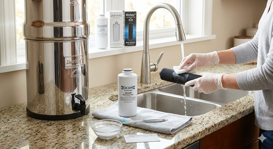 A composite view of a hand cleaning a black Berkey filter element in a sink on the left, alongside a Sub-Zero refrigerator filter unit on the right.