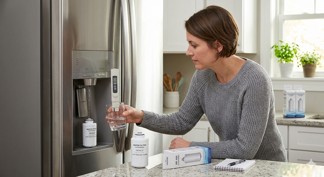 A woman in a modern kitchen using a digital TDS meter to test the effectiveness of a refrigerator water filter, comparing tap and filtered water samples next to new filter boxes.