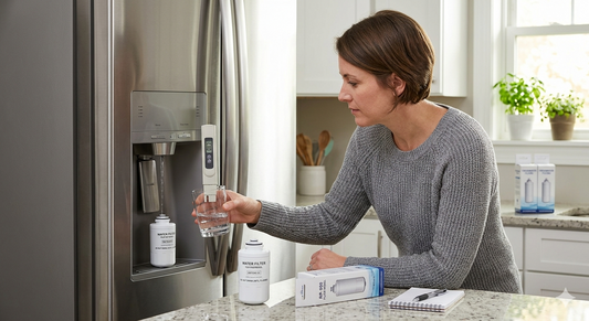 A woman in a modern kitchen using a digital TDS meter to test the effectiveness of a refrigerator water filter, comparing tap and filtered water samples next to new filter boxes.