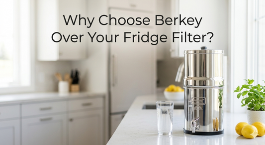 Stainless steel Berkey water filter system next to a glass of clean water on a kitchen counter with blog title text overlay.