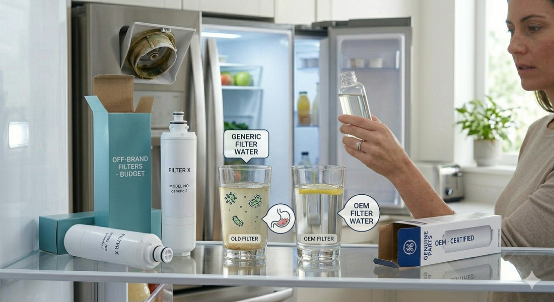 A woman reading a Consumer Reports guide while comparing a budget off-brand filter and an OEM-certified filter on a kitchen counter.