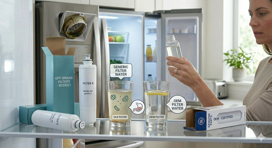 A woman reading a Consumer Reports guide while comparing a budget off-brand filter and an OEM-certified filter on a kitchen counter.