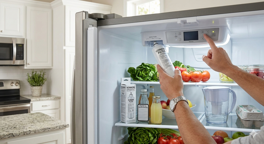 A close-up view inside an open Kenmore refrigerator showing a person resetting the water filter indicator on the ceiling control panel.