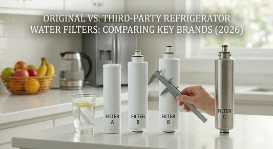 A detailed product comparison photo showing an original filter and three unbranded replacement filters on a kitchen counter with a caliper and a glass of water.