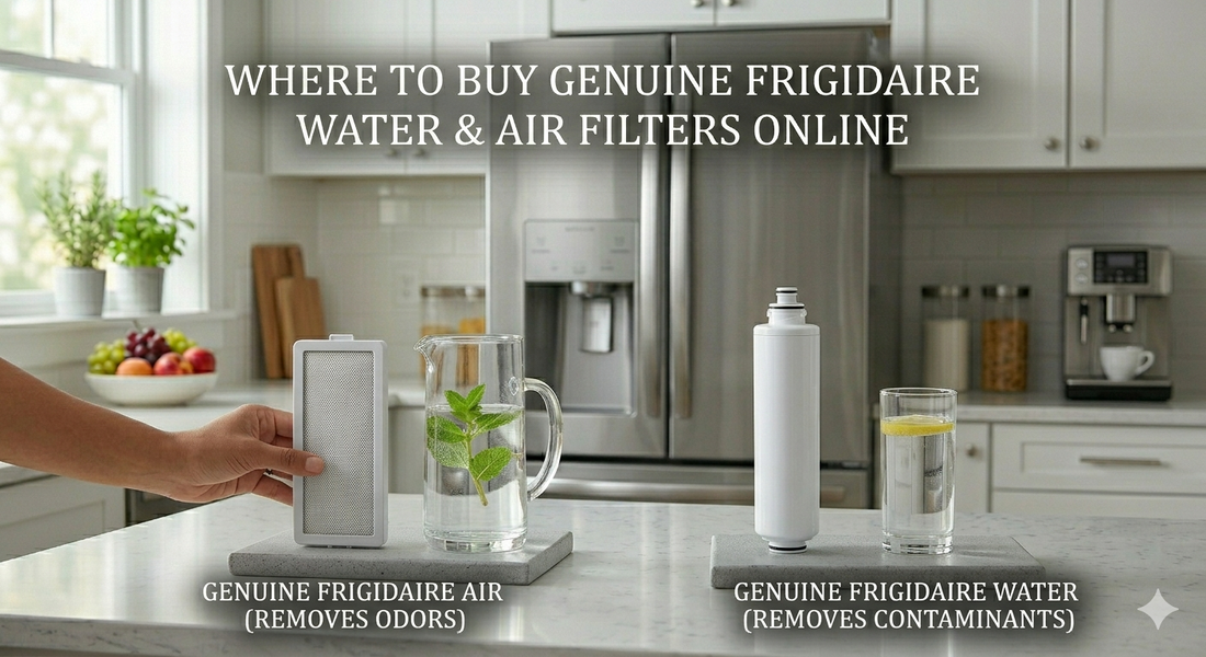 A composite image comparing genuine Frigidaire air (left) and water (right) filters on a kitchen counter with the blog title as text.