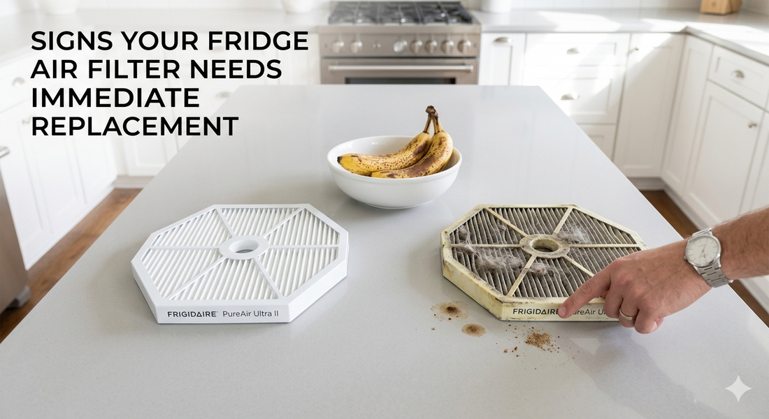 A hand pointing to a dirty, yellowed refrigerator air filter contrasted with a new white one on a kitchen counter.
