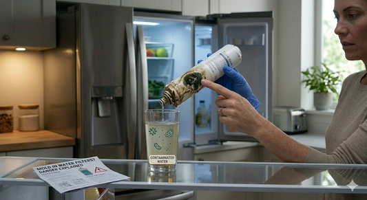 A person wearing gloves holds a dirty, mold-covered water filter and points to green-black mold on the cartridge, with a glass of contaminated cloudy water and a pamphlet nearby.