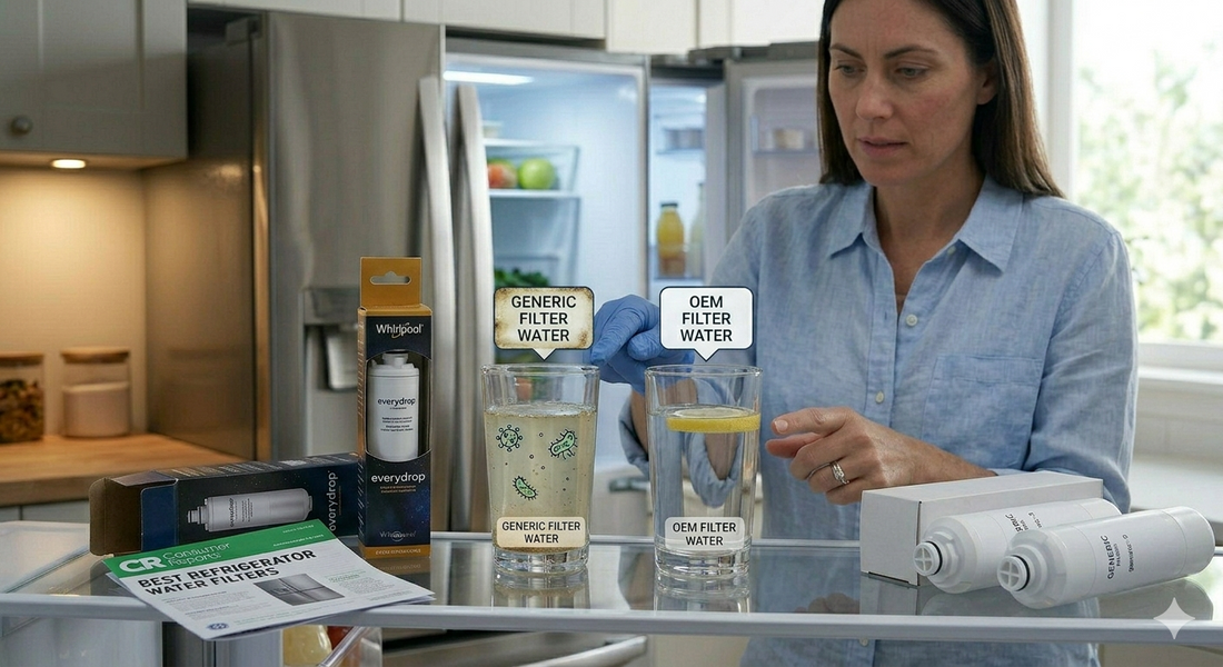 A woman compares water quality from a generic and OEM refrigerator filter, pointing to cloudy water in the generic glass, with Consumer Reports and filters nearby.