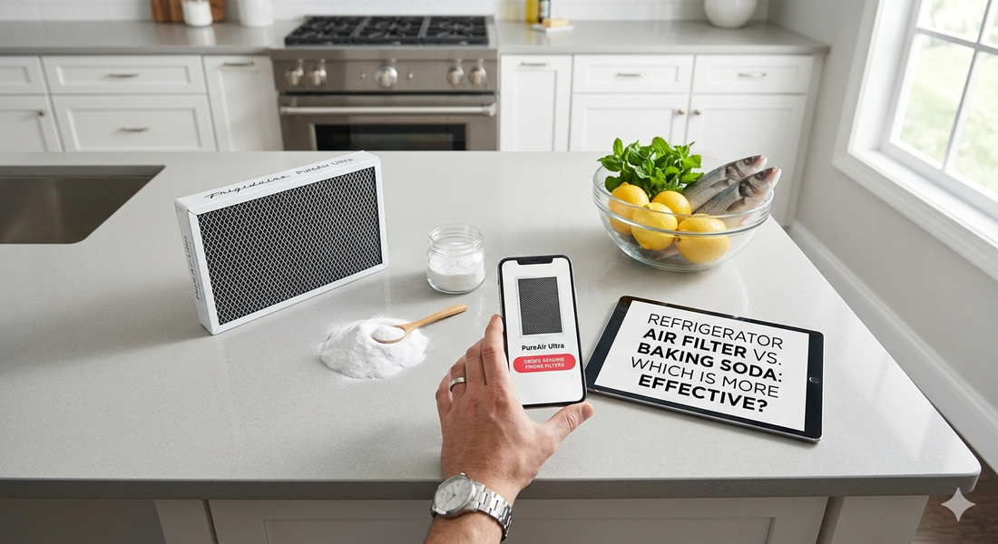 A direct overhead view on a kitchen counter of a Frigidaire PureAir Ultra filter next to baking soda and a smartphone, demonstrating a choice for odor control.
