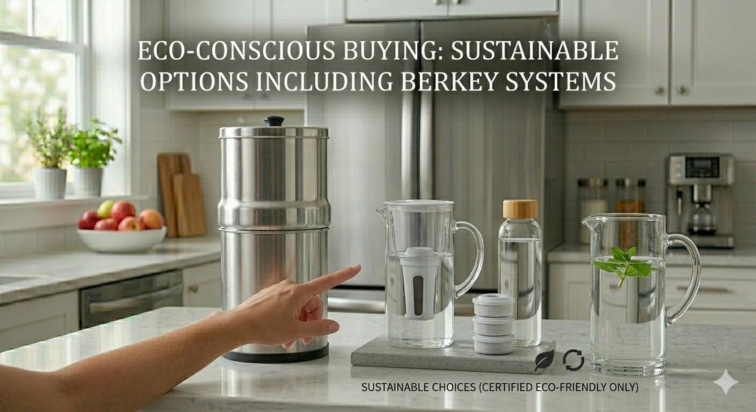 A person pointing toward a stainless steel Berkey-style gravity filter and a sustainable glass pitcher on a kitchen counter with eco-friendly icons.
