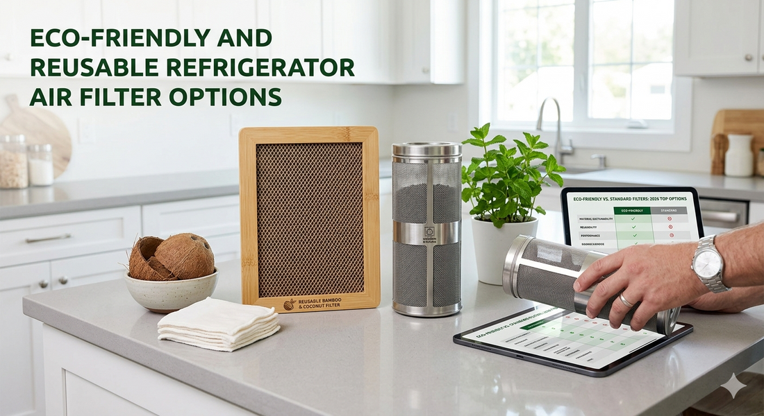 Eco-friendly refrigerator filters made of bamboo, coconut husks, and stainless steel mesh on a kitchen counter with a sustainability comparison tablet.