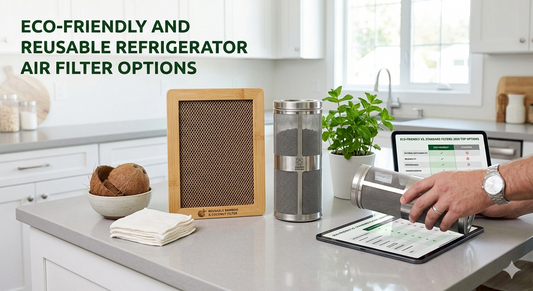 Eco-friendly refrigerator filters made of bamboo, coconut husks, and stainless steel mesh on a kitchen counter with a sustainability comparison tablet.