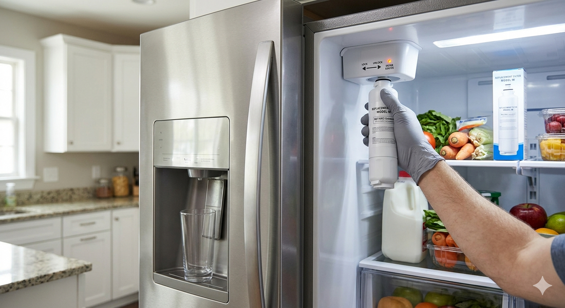 A person wearing a grey glove reseating a white refrigerator water filter into the interior ceiling housing of a stainless steel fridge.