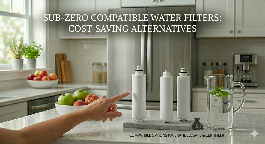 A person pointing toward multiple generic unbranded water filters on a stand next to a water pitcher on a kitchen counter, highlighting compatible options.