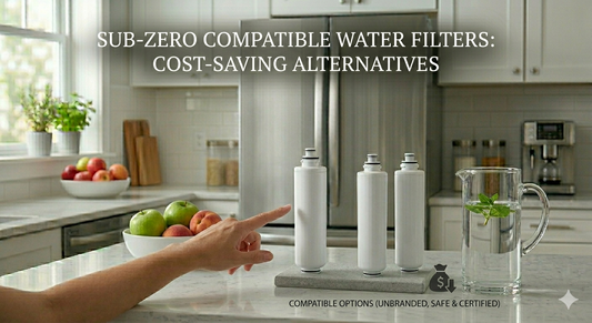 A person pointing toward multiple generic unbranded water filters on a stand next to a water pitcher on a kitchen counter, highlighting compatible options.