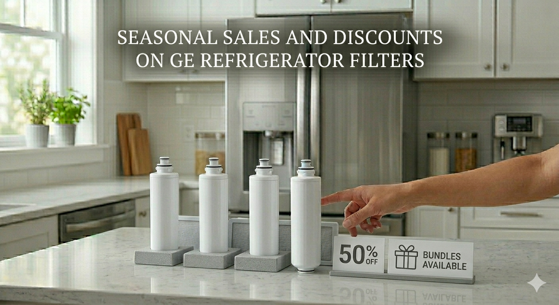 A composite image of multiple generic unbranded water filters on stands, next to a hand pointing at "50% OFF" and "BUNDLES AVAILABLE" signs on a kitchen counter.