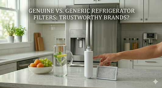 A composite image comparing a generic unbranded refrigerator water filter and an air filter on a kitchen counter, next to a pitcher of water and a bowl of fruit.