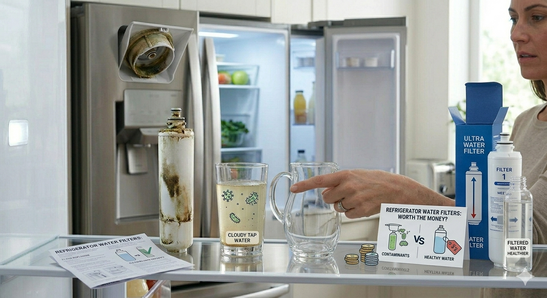 A visual cost-benefit comparison showing a refrigerator water filter, a glass of cloudy tap water, and a stack of coins representing savings.