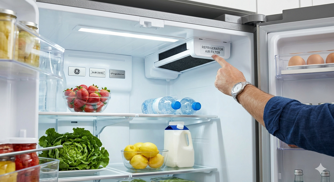 A detailed interior view of a modern refrigerator showing the precise locations for air filters across GE, Sub-Zero, and Frigidaire models.