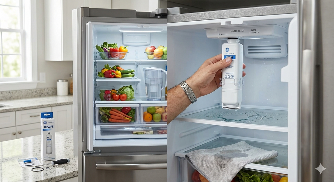 A composite view of a hand replacing a GE XWFE water filter inside a clean refrigerator ceiling compartment, with a second filter box and tools nearby.