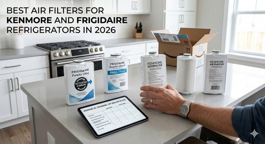 An overhead view of Kenmore and Frigidaire air filters and a comparison tablet on a kitchen counter, showing the best options for 2026.