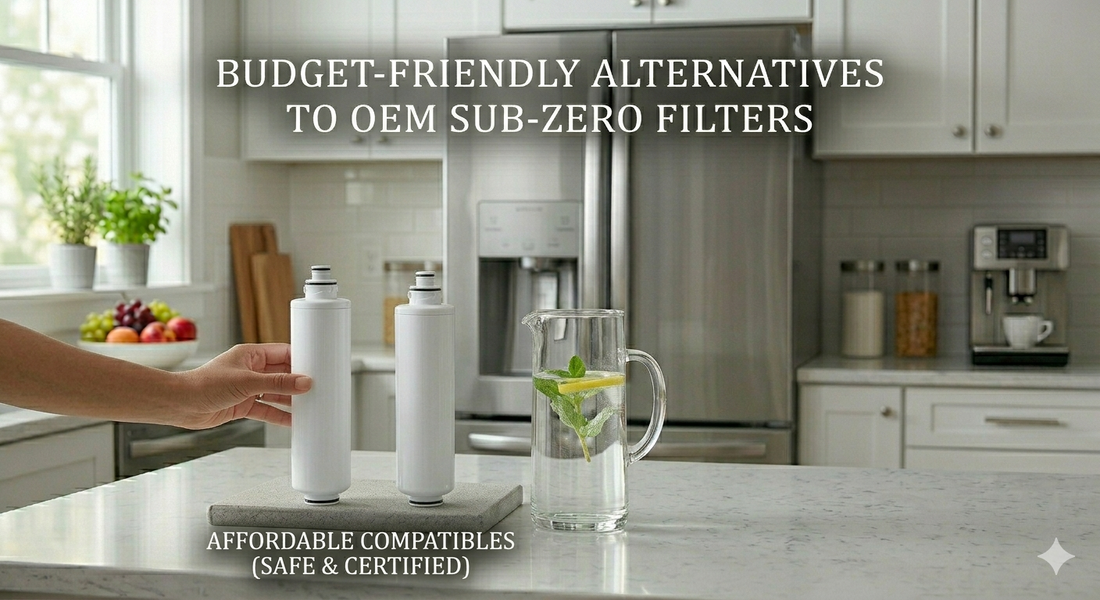 A composite image comparing two generic unbranded refrigerator water filters and a pitcher of lemon-mint water on a kitchen counter with a generic refrigerator in the background.