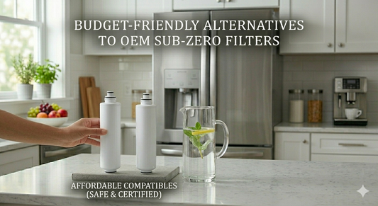 A composite image comparing two generic unbranded refrigerator water filters and a pitcher of lemon-mint water on a kitchen counter with a generic refrigerator in the background.