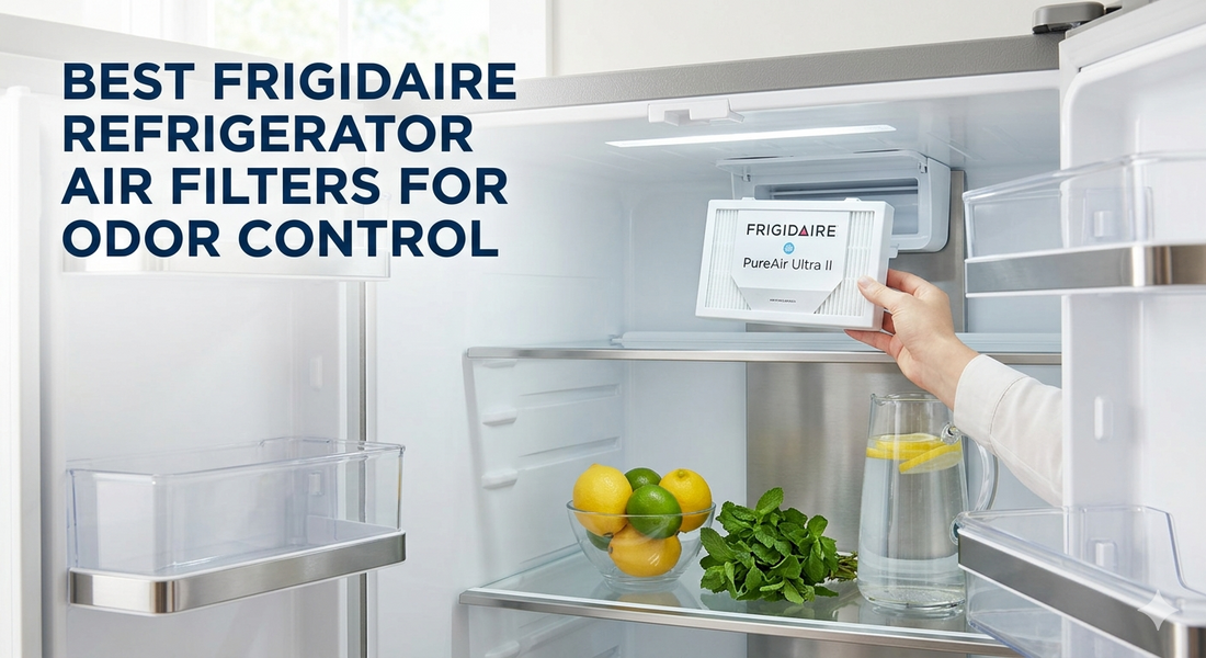Hand installing a Frigidaire PureAir Ultra II air filter inside a clean refrigerator near fresh lemons and mint.