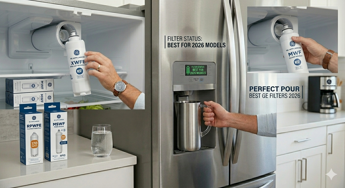 Professional commercial photo showcasing the best GE refrigerator water filters for 2026, including XWFE and RPWFE models being installed for clean water.