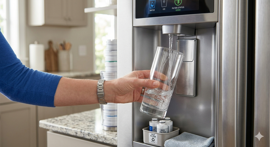 A detailed view of a woman's hand holding a clear glass under a modern refrigerator water dispenser during the filter flushing process.