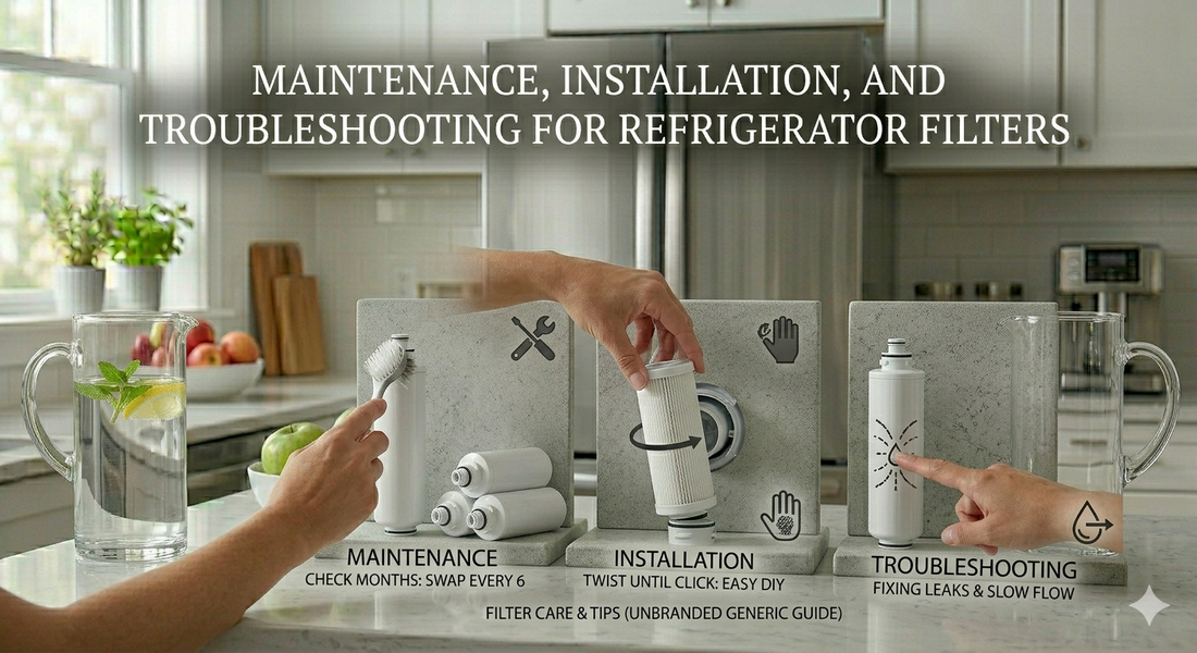 A three-panel infographic showing a person maintaining, installing, and troubleshooting generic unbranded refrigerator filters in a kitchen.